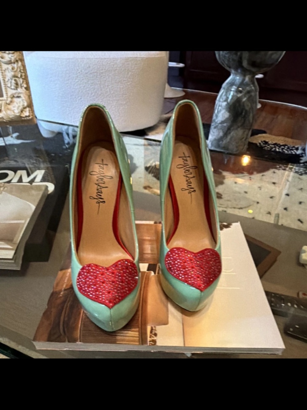 Hand Painted Mint, Heart-Appliqué Pumps Red Crystal Detail - Women Shoes